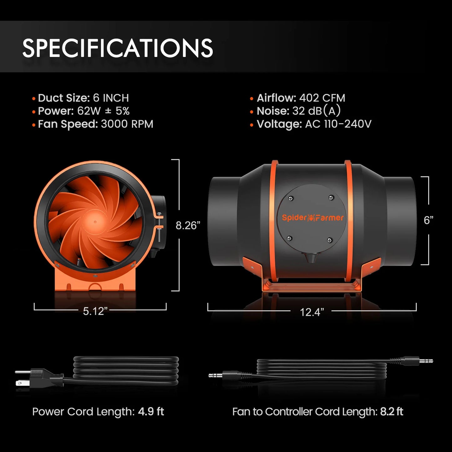 Spider Farmer 6 Zoll Inline-Kanalventilator Abluftventilator mit Geschwindigkeitsregler